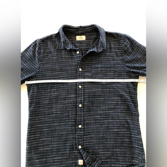 Marine Layer Simple Stripe Selvage Shirt in Mood Indigo/White Stripe.100% Cotton - Picture 8 of 10